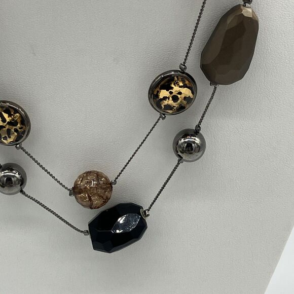 Gunmetal Crackle Glass Leopard Layered Station Necklace & Earrings Set - Picture 2 of 8
